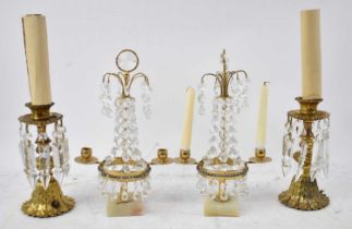 A pair of gilt metal lamps suspending cut glass drops, height 18.5cm and a pair of two branch