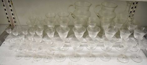 A quantity of glassware, to include two water jugs, a decanter, eleven large wine glasses, ten