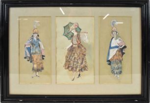 † A group of three watercolour and collage fashion sketches made with postage stamps, made by the