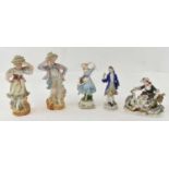 A Continental porcelain figure group of a lady and two dogs, a Continental figure of a gentleman,