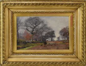 ALEXANDER BROWNLIE DOCHERTY (1862-1940); oil on canvas, shepherd herding sheep in rural landscape,