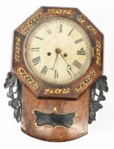 A 19th century mahogany and walnut brass inlaid and fretwork decorated wall clock, the painted