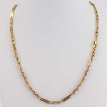 A 9ct rose gold chain and bar necklace with lobster clasp, length 46cm, approx 16.2g.