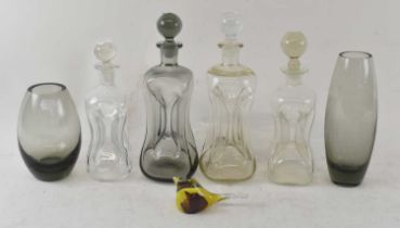 HOLMEGAARD; a group of four glass decanters with stoppers, height of tallest 29cm, art glass vase,
