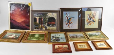 A group of decorative pictures and prints, including a modern oil on canvas garden scene, oil on