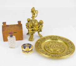 Mixed collectables including a brass desk inkwell of neoclassical design with lion and shield finial