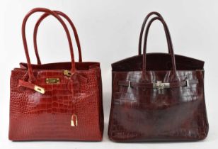 BARONESSA FRANCHETTI; a lady's burgundy crocodile skin effect leather handbag, together with a