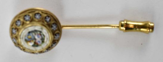 A yellow metal micromosaic stick pin, approx 4.5cm.