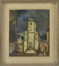 † GEORGE HAMMOND STEEL (1900-1960); early 20th century oil on board, street scene with church, 'Hall