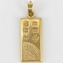 A 9ct gold ingot style pendant, length 2.5cm, approx 7.8g.