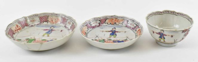 Three pieces of 18th century Chinese Export Famille Rose porcelain comprising a tea bowl and two