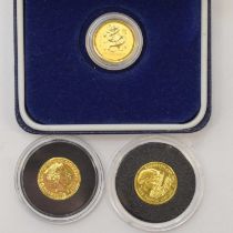 ROYAL MINT; two Guernsey five pound gold coins, both 24ct, 13.9mm diameter, weight 1/25oz, dated