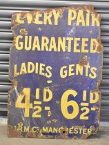 A vintage blue and yellow enamel advertising sign, 'Every Pair Guaranteed', 89 x 59cm.
