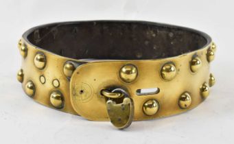 A 19th century brass dog collar with studded decoration and padlock clasp, stamped with patent