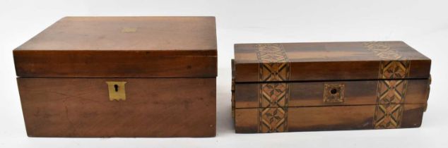 A 19th century inlaid work box, together with a late 19th century writing slope for restoration (