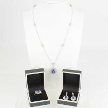 A suite of diamond and tanzanite cluster jewellery consisting of 18ct white gold tanzanite and