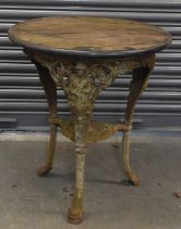 A Victorian cast iron Britannia table with circular slate top, diameter 70cm.