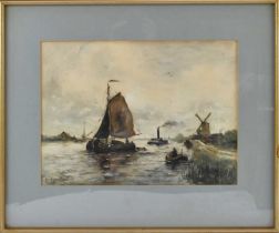 UNATTRIBUTED; 20th century watercolour, shipping scene, boats on a river beside a windmill,