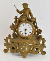 A late 19th century French ormolu mantel clock (af), height 31cm.