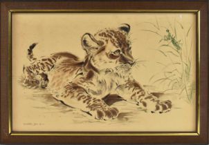 † RALPH THOMPSON (1913-2009); watercolour on board, tiger cub amongst foliage, signed lower left, 38