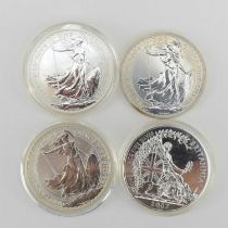 Four Britannia 1oz fine silver coins, three encapsulated, one in a cellophane packet.