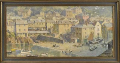 † ARNOLD BEAUVAIS (1886-1984); early 20th century oil on board, coastal scene, a port with town in