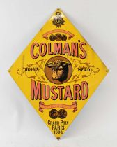 A reproduction tin advertising sign for Colman's Mustard, height 68.5cm, width 52cm.