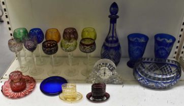 WATERFORD; a crystal glass timepiece, width 18cm, height 18cm, a large blue cut glass decanter and