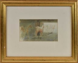 † PHILIP SAUNDERS; watercolour, stable scene, horses being led out of the stable, indistinctly