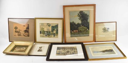 A group of decorative prints and watercolours, including a print by Louis Icart, humorous print of