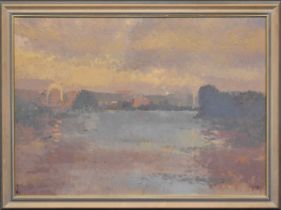 † BERNARD MYERS (1925-2007); oil on canvas, 'Hammersmith Reach, Evening', signed with initials and