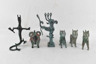 Six assorted reproduction Benin type and other bronzes, the tallest approx 23cm.