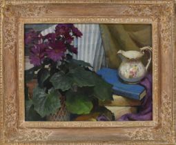 † HUGH RALPH MICKLEM (1918-2009); 20th century oil on board, still life depicting flowers and jug,