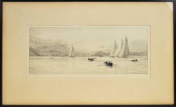 W L WYLLIE; a 19th century etching, yachting scene, on Loch Long, 16 x 40.5cm, framed and glazed.