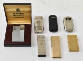 A group of lighters including cased Ronson lighter, Zippo lighter, Ronson gold plated lighter