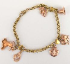 A 9ct rose gold dainty charm bracelet with six charms, belcher link chain with additional love