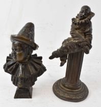 A late 19th century bronze bust of Pierrot, height 15.5cm, together with a spelter figure of a clown