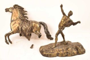 A late 19th century gilt spelter model of a Marly horse with handler, height 41cm (af).