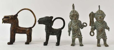 A pair of Benin type bronze figures, the tallest height 18cm and two Benin type bronze leopard