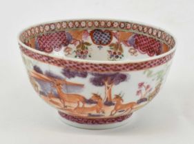 An 19th century Chinese Export Famille Rose porcelain sugar bowl decorated to the exterior with deer