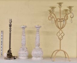 A pair of white painted wooden pricket candlesticks, a wrought iron and cut glass five branch