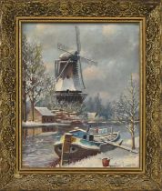 † J. V. HECKESON; mid 20th century oil on board, rural winter landscape, canal boat in front of