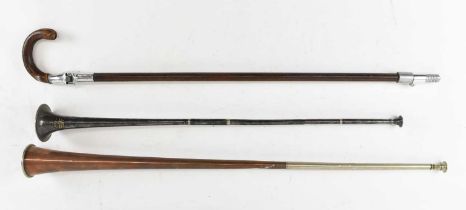 HOWELL OF LONDON; an early 20th century shooting stick, 'The Scout Seat', also two bugles, one