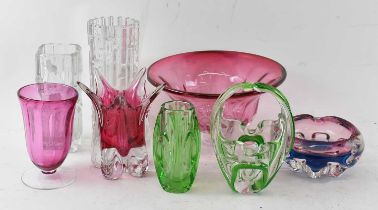 A group of eight pieces of clear and coloured Bohemian glass including large fruit bowl, diameter