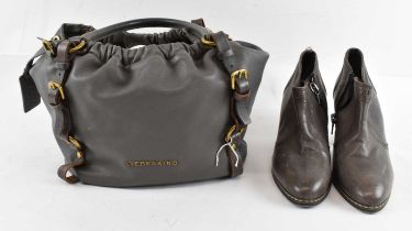 LIEBESKIND; a grey leather handbag and a pair of brown leather Liebeskind heeled boots, size 41.