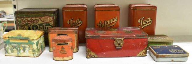 A group of vintage tins including two tea tins, sultana tin, Navy Cut cigarette tin etc.