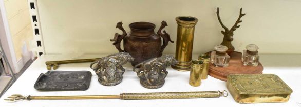 A group of collectors' items including a bronzed twin handled censer, two bronzed plaster lions,