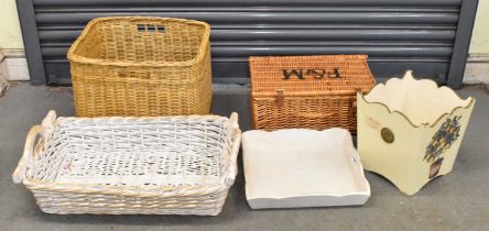 A Fortnum & Mason wicker hamper basket, a white painted waste paper bin, a white painted twin