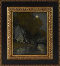 UNATTRIBUTED; oil on canvas, dusk scene with house and bridge, unsigned, 25 x 19cm, framed.