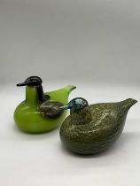 OIVA TOIKKA, FINLAND FOR IITTALA; two studio glass birds, male and female teal, signed to base
